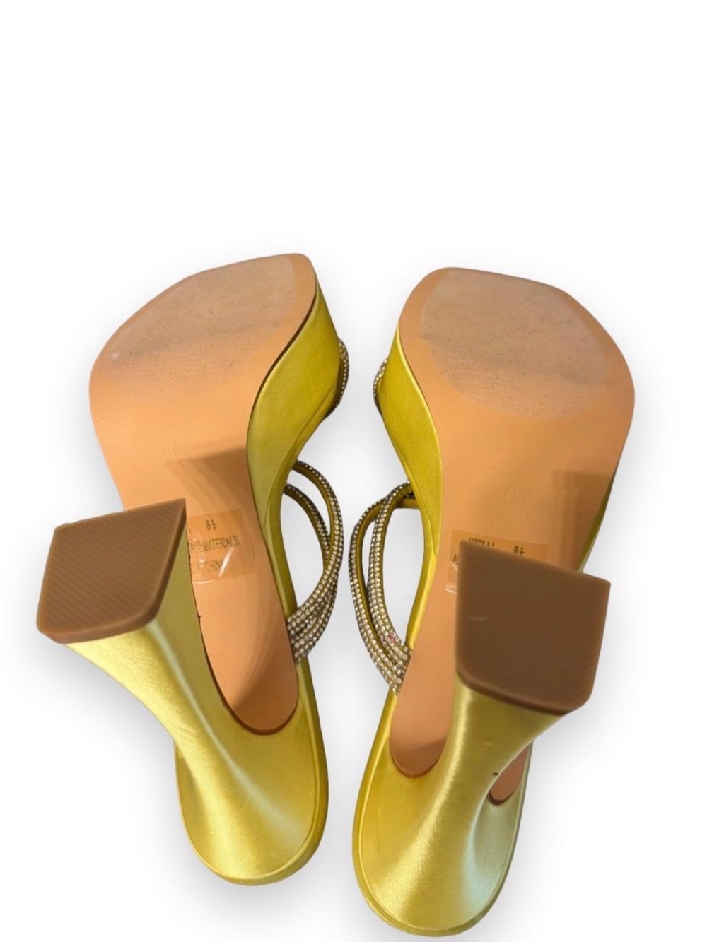 Metallic Yellow Rhinestone Two-Strap Slide Heels - Picture 3 of 3